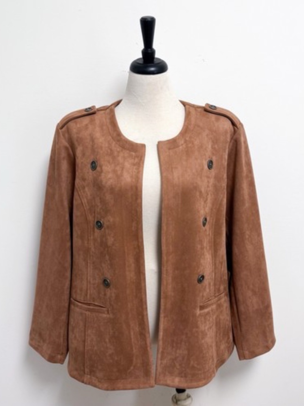 T Tahari Walnut Tan Brown Faux Suede Leather Open Front Double Breast Jacket 3X